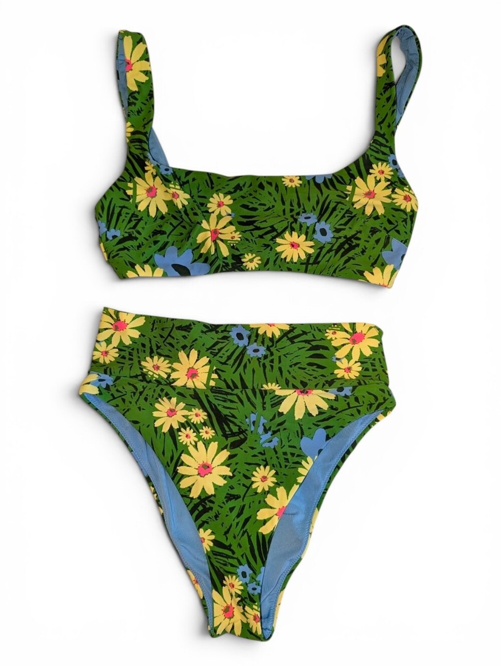 Aerie Floral High Waisted Cheeky Bikini Swim Size Small Green Daisy Retro Sporty